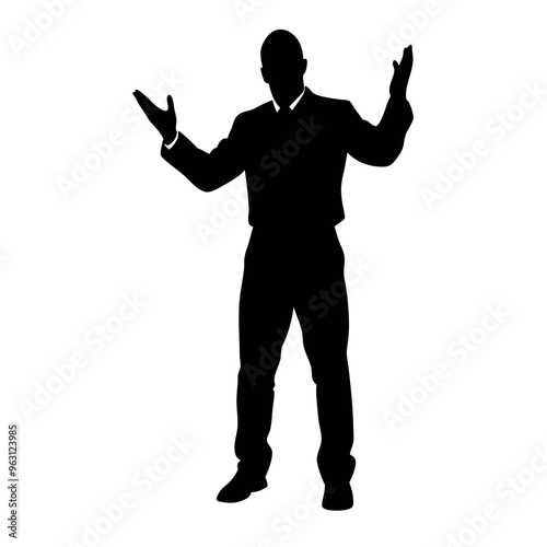 a fatty business man standing in an excited pose. The silhouette should be in black colour, isolated on a white background