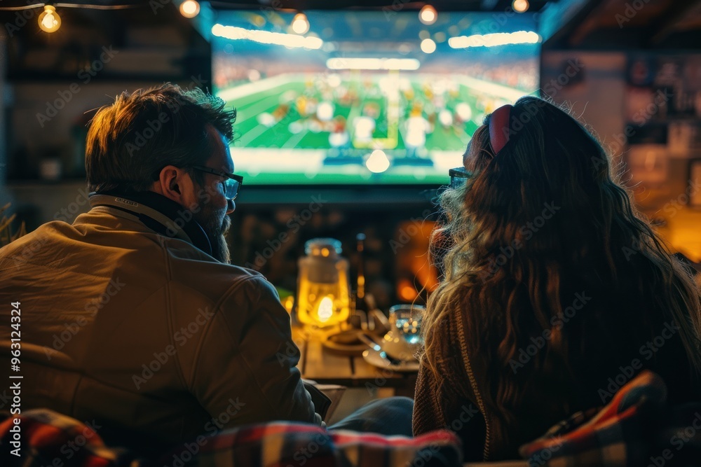 A group of men and women are watching a football game on TV together with glasses of beer in his house. A group of men and women are watching a football game on TV together with glasses of beer in his house.