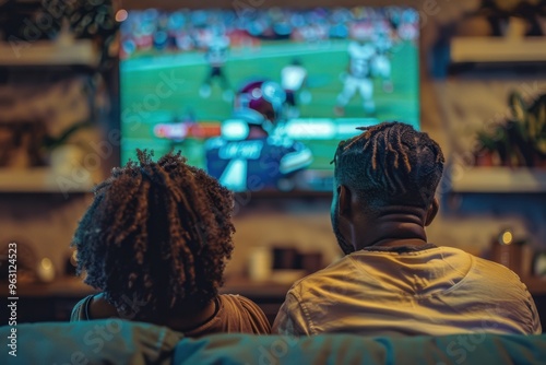 A group of men and women are watching a football game on TV together with glasses of beer in his house.