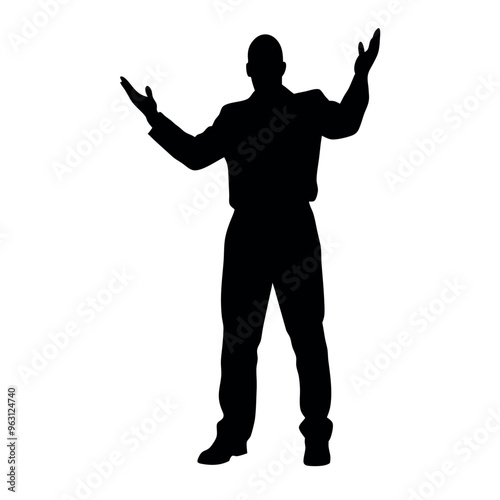 a fatty business man standing in an excited pose. The silhouette should be in black colour, isolated on a white background