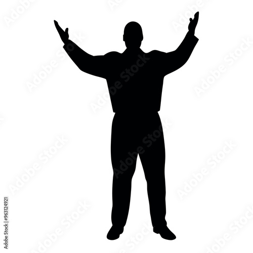 a fatty business man standing in an excited pose. The silhouette should be in black colour, isolated on a white background