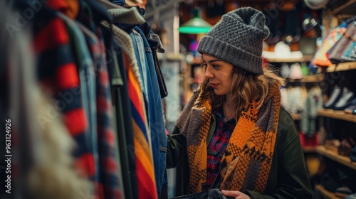 A woman looks at shirts in a department store store.