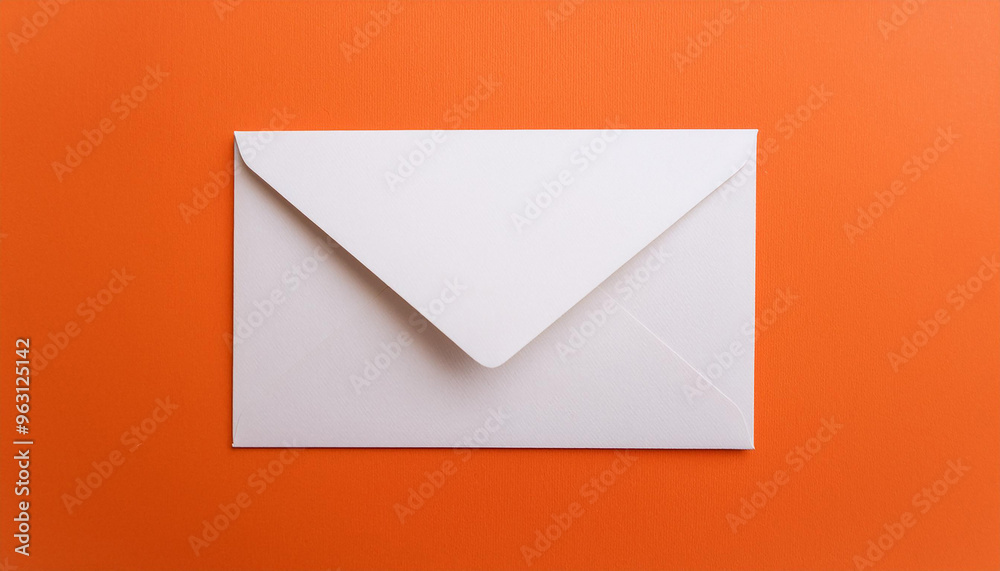 White envelope on orange background. Paper mail, newsletter. Flat lay. Mock up. White envelope on orange background. Paper mail, newsletter. Flat lay. Mock up.