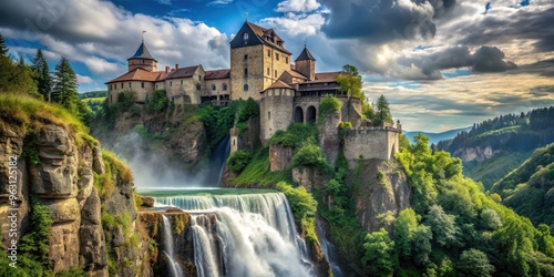 Medieval castle perched on a cliff with a cascading waterfall, castle, cliff, waterfall, medieval, fortress, majestic