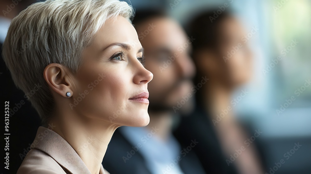 Close-up Portrait of a Woman with Short Blonde Hair Looking Up Close-up Portrait of a Woman with Short Blonde Hair Looking Up