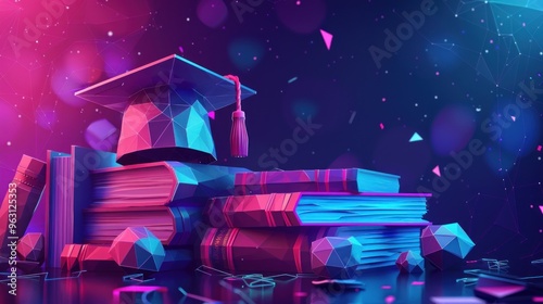 Low poly 3D render graduation cap, books, diploma polygonal modern design banner template. Internet education course degree vector illustration