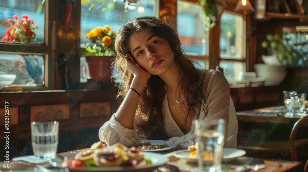 A woman sits at a table with a plate of food in a restaurant at lunch time. A woman sits at a table with a plate of food in a restaurant at lunch time.
