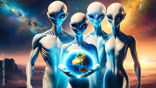 Group of futuristic aliens holding a glowing planet, cosmic sci-fi scene