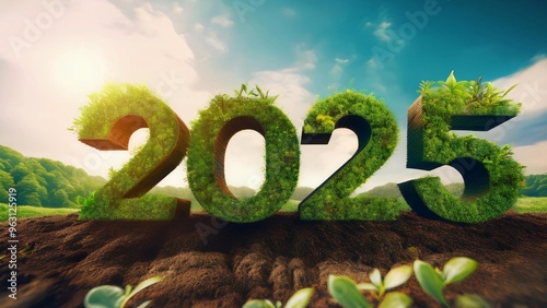 2025 nature-inspired typography with grassy landscape and clouds