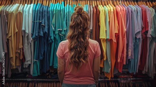 photograph of A woman standing in front of a rack of shirts