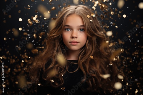 Young girl with long hair surrounded by shimmering golden confetti in a dark setting