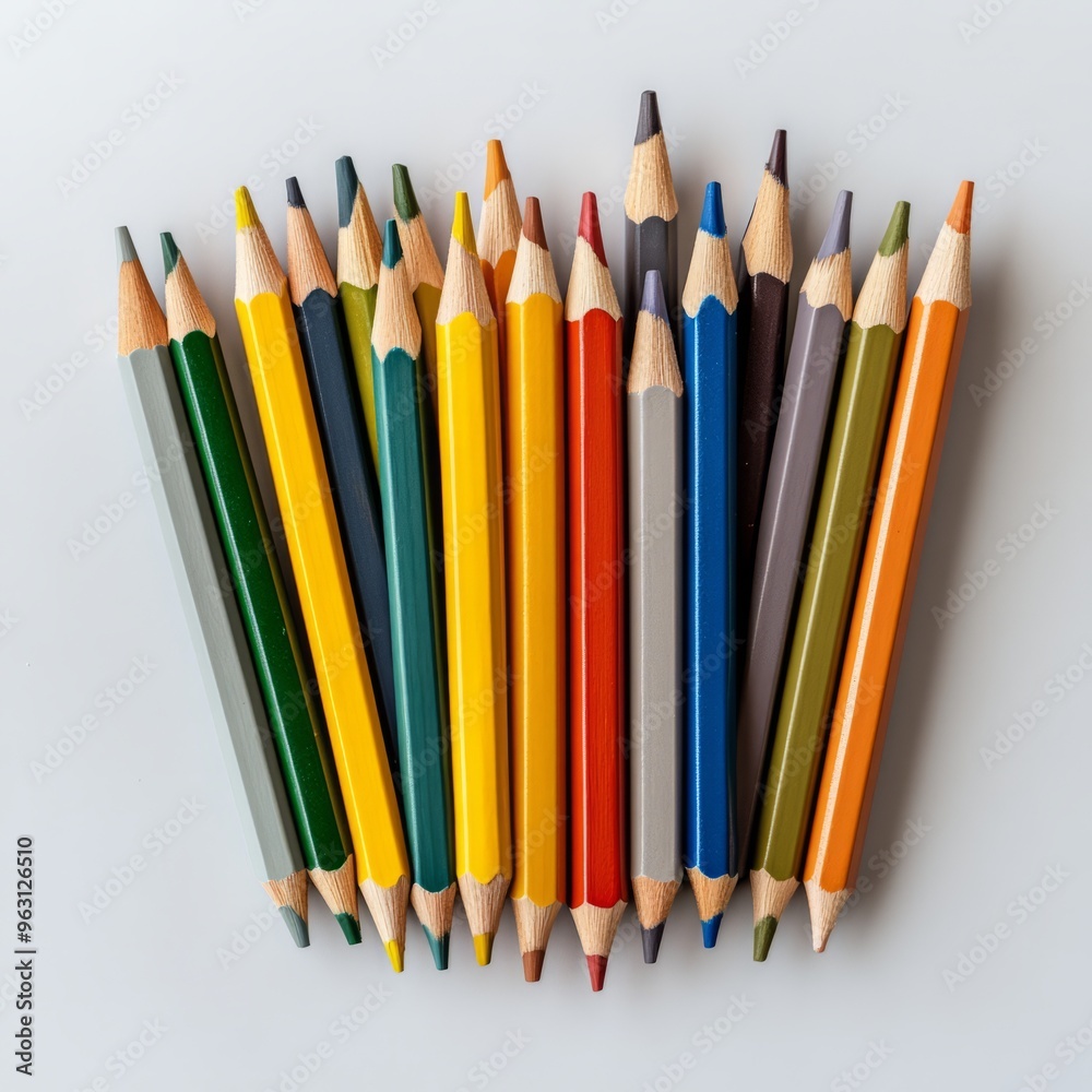 Fototapeta premium Colorful Pencil Collection on Grey Desk: Top View Editorial Photography