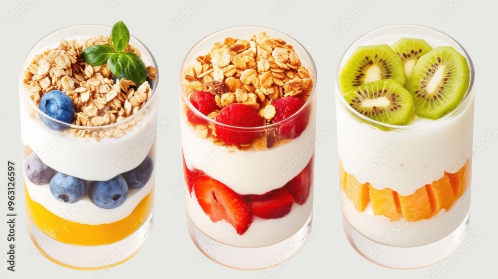 Three glasses of fruit yogurt with blueberries, strawberries, and kiwi Three glasses of fruit yogurt with blueberries, strawberries, and kiwi