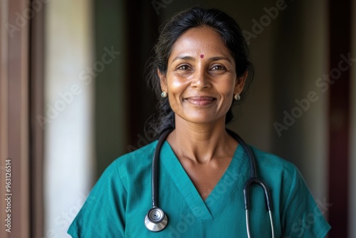 Portrait of a happy Indian female doctor smiling at the camera photo