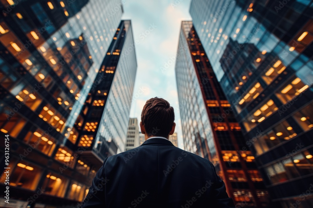 photograph of Back view of businessman looking up at towering office buildings. Business and finance photograph of Back view of businessman looking up at towering office buildings. Business and finance