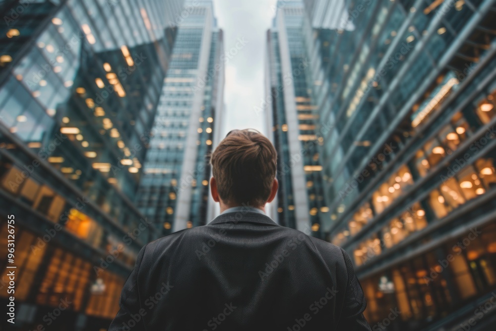 photograph of Back view of businessman looking up at towering office buildings. Business and finance photograph of Back view of businessman looking up at towering office buildings. Business and finance