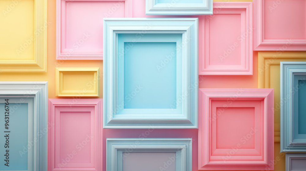 Assorted pastel frames in circular and square shapes, arranged as decorative wall art, Illustration, Light and airy colors, Digital painting, stylish and modern. Assorted pastel frames in circular and square shapes, arranged as decorative wall art, Illustration, Light and airy colors, Digital painting, stylish and modern.