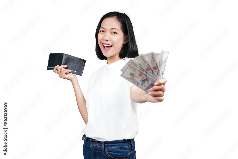 An excited asian woman with money and wallet isolated transparent An excited asian woman with money and wallet isolated transparent