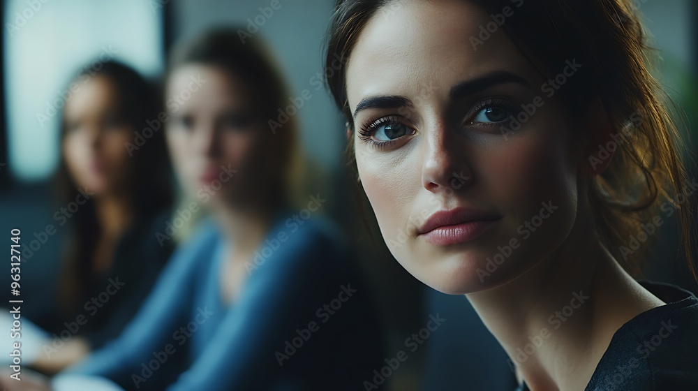 A Woman Gazes Thoughtfully with Two Blurred Figures in the Background A Woman Gazes Thoughtfully with Two Blurred Figures in the Background