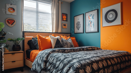 Teen boy's bedroom with patterned posters and bedding, [Colors + Teen + Patterns], [Personal Space] 