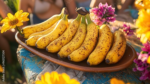 A picnic setting with raw bananas as the centerpiece, surrounded by laughing friends under a sunny sky. photo