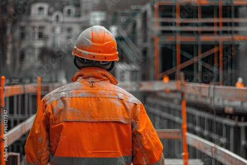 Back view of construction worker at construction site, building in uniform orange uniform