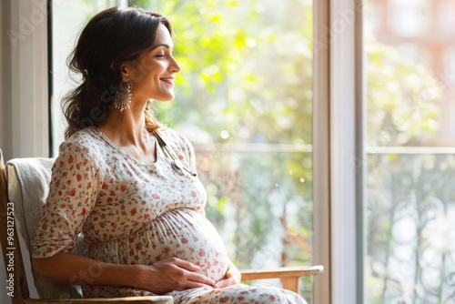 Wallpaper Mural Portrait of a happy smiling pregnant Indian woman sitting by the window, concept of motherhood, expecting baby and parenthood Torontodigital.ca