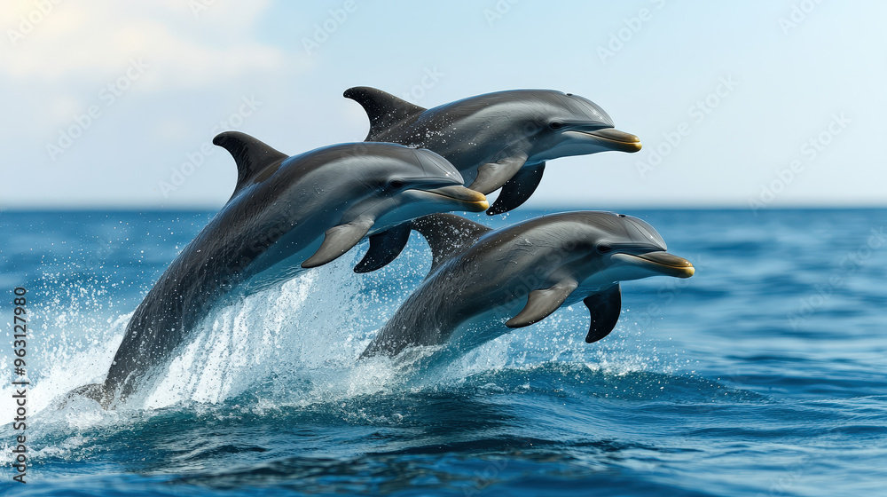 Obraz premium Dolphins leaping from the water, highlighting social interaction and play, Marine mammals, Oceanic ecosystems