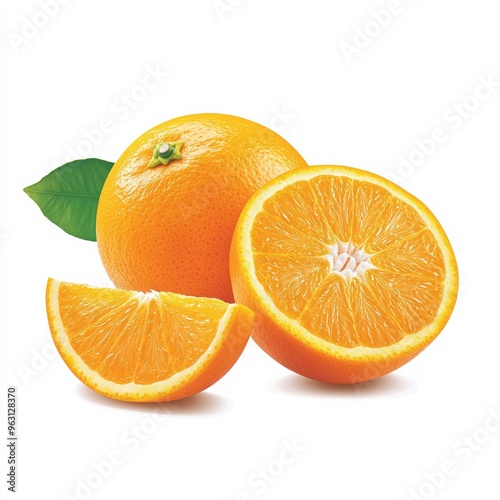 A close-up of a ripe, juicy orange, both whole and sliced, with a bright green leaf, on a clean, white background
