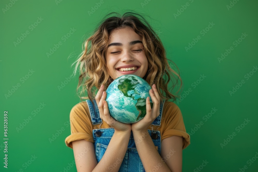 photograph of Joyful young woman holding Earth globe on green background for Earth Day photograph of Joyful young woman holding Earth globe on green background for Earth Day