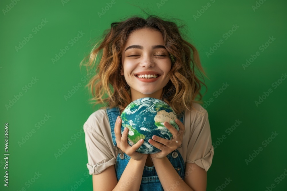 photograph of Joyful young woman holding Earth globe on green background for Earth Day photograph of Joyful young woman holding Earth globe on green background for Earth Day