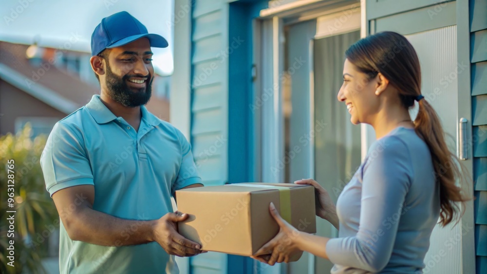 An Indian delivery driver handing a package to a customer at their doorstep, highlighting direct customer interaction. An Indian delivery driver handing a package to a customer at their doorstep, highlighting direct customer interaction.