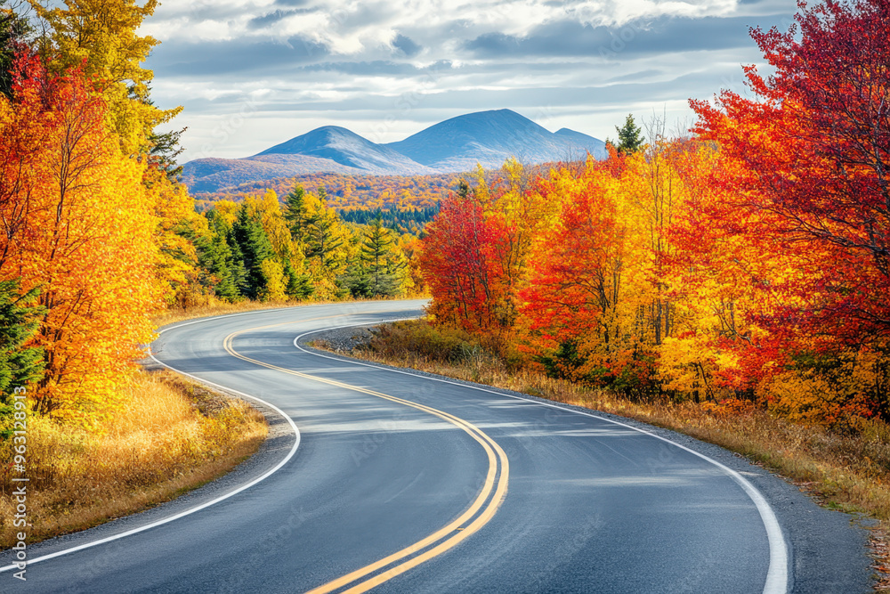 Asphalt road winding through a forest displaying vivid colorful foliage with mountains in the background Asphalt road winding through a forest displaying vivid colorful foliage with mountains in the background