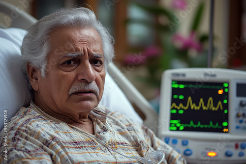 Elderly man in hospital bed with ECG monitor displaying heart rate, diabetes patient. photo