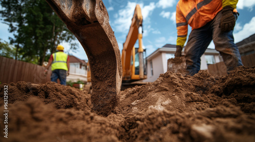 Construction crew laying foundations for a new building, building, construction site