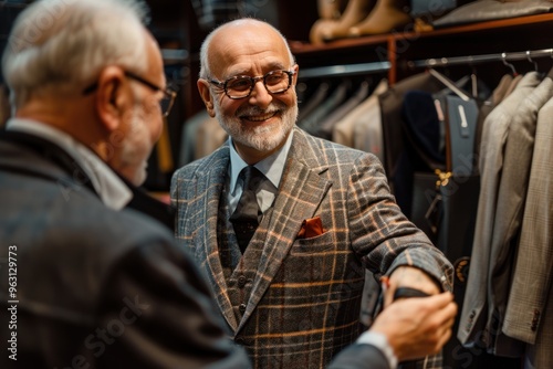 A middle-aged man smiles happily as he tries on a plaid suit with the help of a tailor in a suit shop.