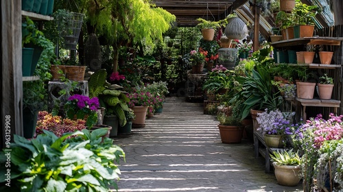 A pathway through a lush garden with plants in pots and hanging baskets, sunlight streaks the ground.