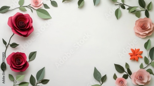 Paper Flowers Frame on White Background