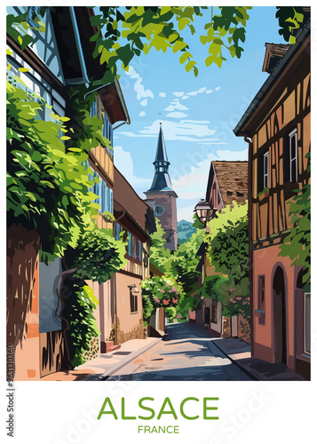 Alsace France Poster Illustration Travel Print Decor Gift Paper Canvas Wall Retro Art #963130360