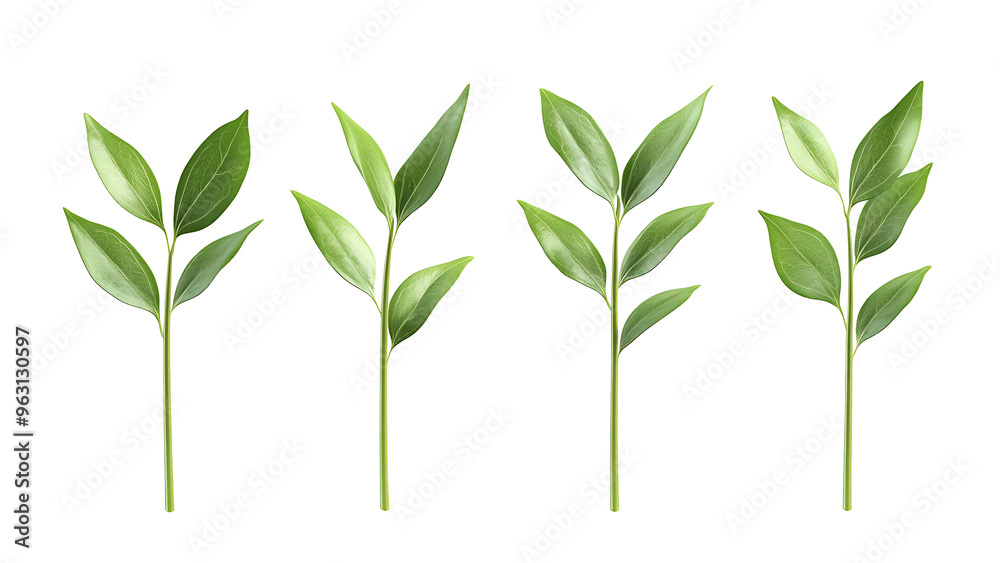 Obraz premium Four green leaf on a transparent background,Four Lily of the valley Leafs Isolated,Four Tropical Plant Leaves,leaf transparent png,Decoration work, green plants,Four green leafed plants, Ai