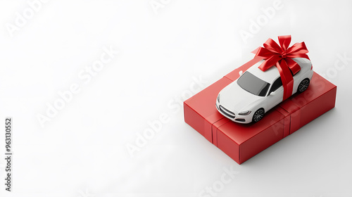 Isolated car in gift box with red ribbon, perfect for Christmas, birthday, or any special occasion