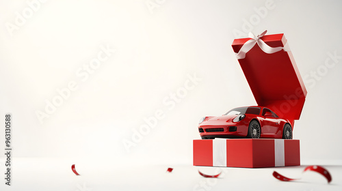 Isolated car in gift box with gold ribbon, perfect for Christmas, birthday, or any special occasion