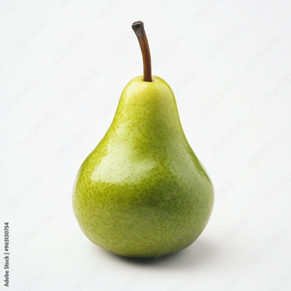 A glossy green pear with its stem prominently visible, resting on a white background A glossy green pear with its stem prominently visible, resting on a white background