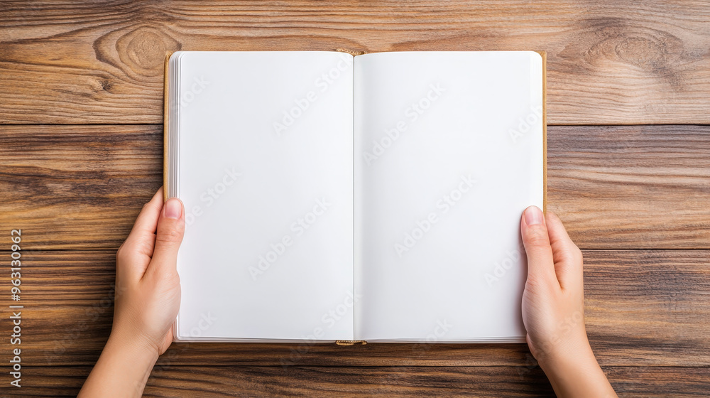 Person opening a book with blank pages, ready to write a new story Person opening a book with blank pages, ready to write a new story