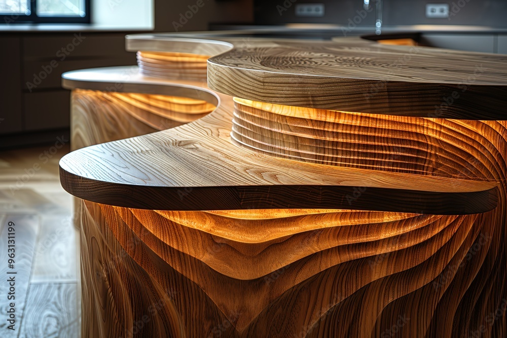 The wooden countertop has a unique design with a wave-like pattern The wooden countertop has a unique design with a wave-like pattern