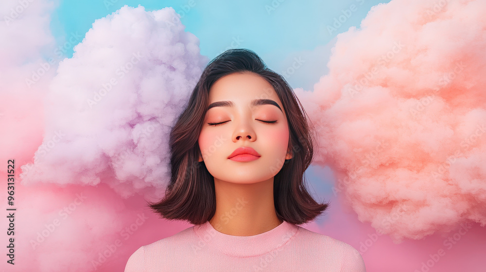 A model in a dreamy cloudscape, surrounded by pastel-colored clouds A model in a dreamy cloudscape, surrounded by pastel-colored clouds