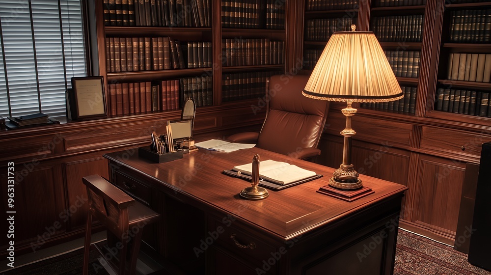 A wooden desk with a lamp and books in a library. A wooden desk with a lamp and books in a library.
