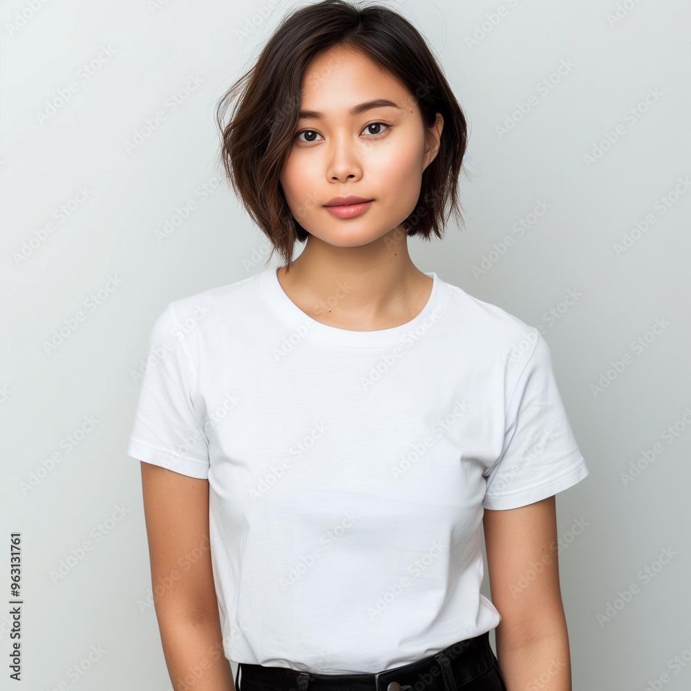 Young Woman Wearing Blank White T-Shirt Bella Canvas 3001 Mockup Photo Clothing Mock Young Woman Wearing Blank White T-Shirt Bella Canvas 3001 Mockup Photo Clothing Mock