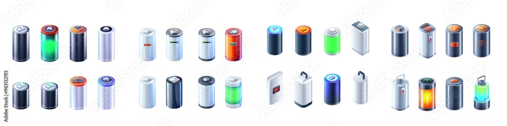 Set of different 3D battery vertical, Battery indicator symbols. Set of different 3D battery vertical, Battery indicator symbols.