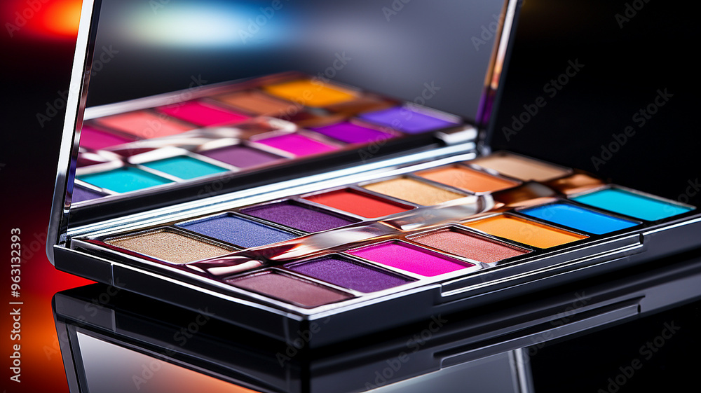 A vibrant makeup palette with a variety of colorful eyeshadows reflected in a sleek mirror. A vibrant makeup palette with a variety of colorful eyeshadows reflected in a sleek mirror.